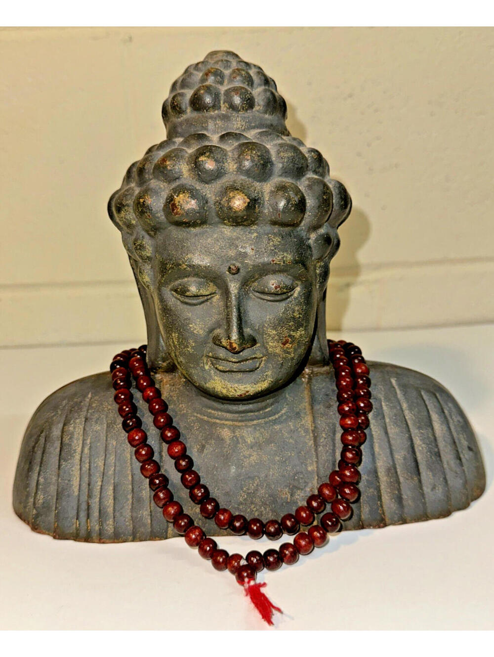 Cast Iron Buddha Bust Old Antique Patina heavy w/red sandalwood Japa Mala beads